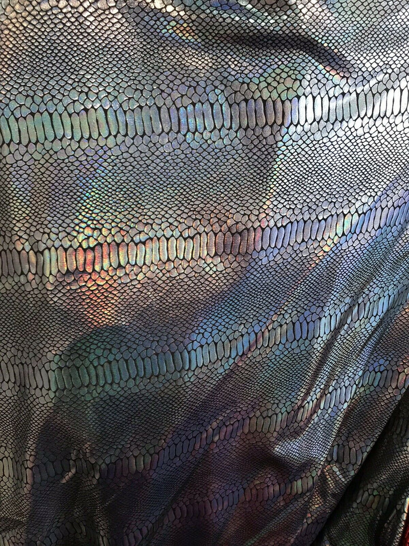 Iridescent snake skin print on a nylon 2 way stretch spandex lycra-cast play-fashion-sold by the yard-free shipping in the usa.