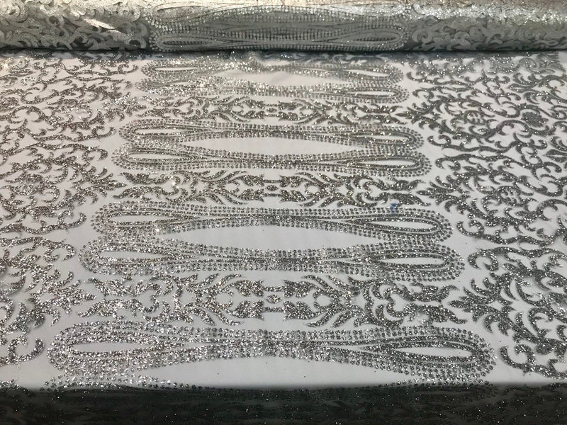 Silver shiny glitter damask design on a mesh lace-dresses-fashion-apparel-prom-nightgown-decorations-sold by the yard.