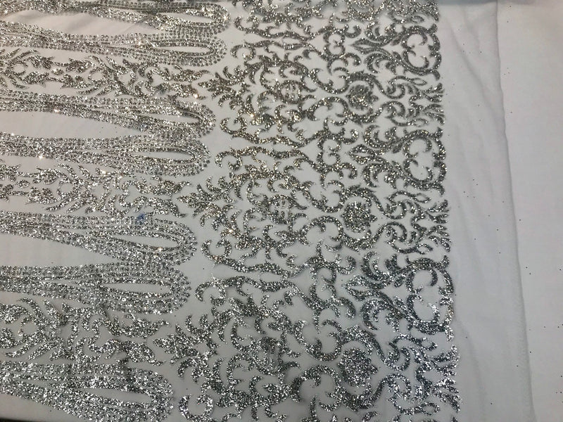 Silver shiny glitter damask design on a mesh lace-dresses-fashion-apparel-prom-nightgown-decorations-sold by the yard.