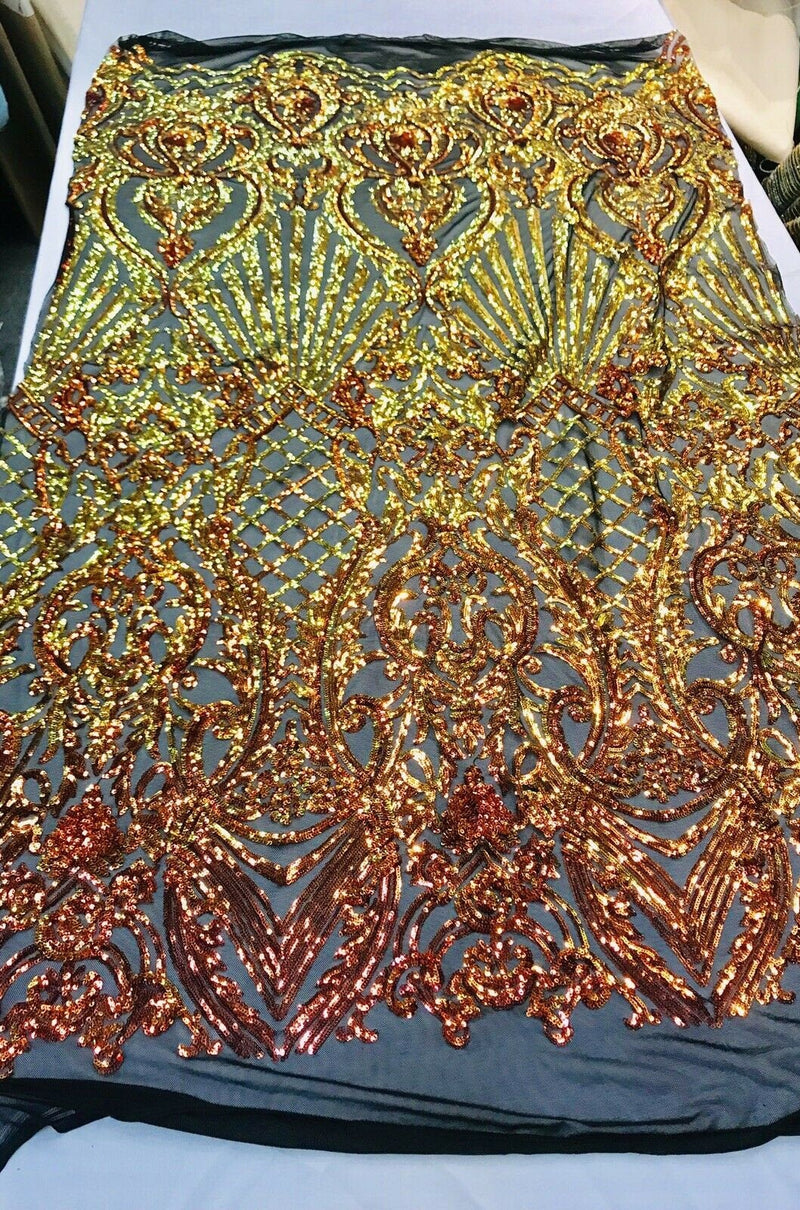 NEW!!! iridescent damask sequin design on a 4 way stretch mesh-sold by the yard.