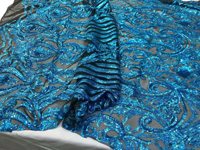 Turquoise iridescent damask sequin design on a 4 way stretch black mesh-dresses-prom-nightgown-sold by the yard-free shipping in the USA-