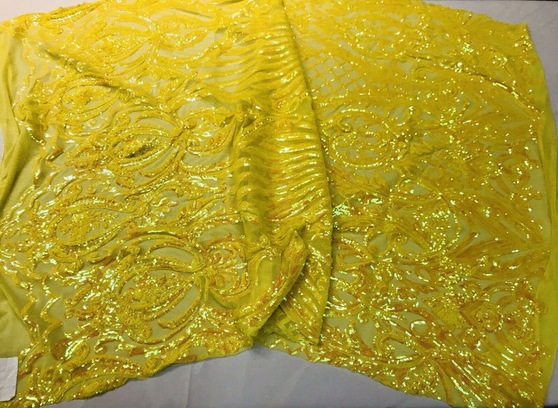 Yellow iridescent damask sequin design on a 4 way stretch mesh-dresses-prom-nightgown-sold by the yard-free shipping in the USA-