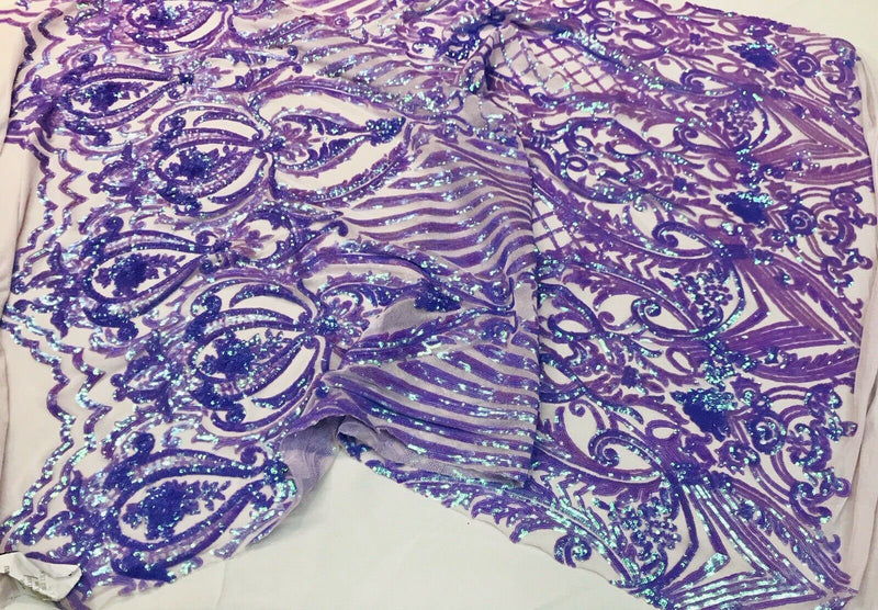 Lavender iridescent damask sequin design on a 4 way stretch mesh-dresses-prom-nightgown-sold by the yard-free shipping in the USA-