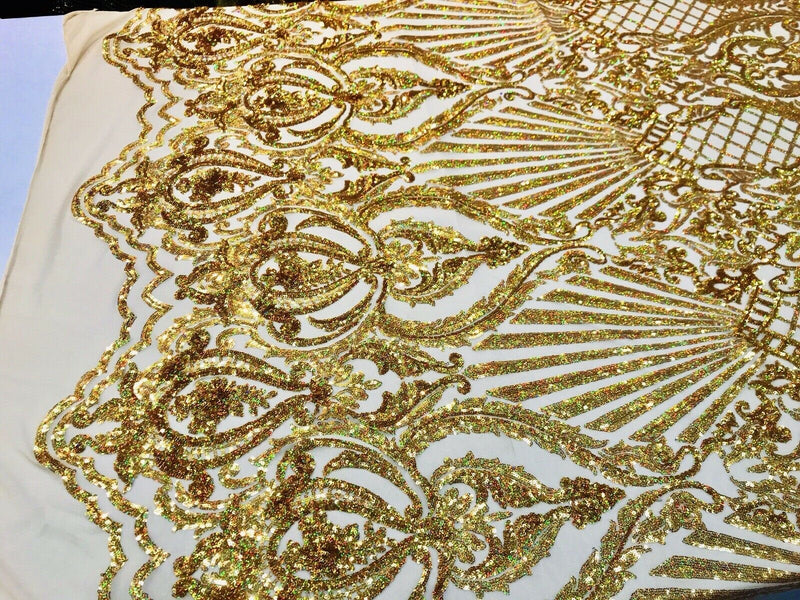 Gold iridescent damask sequin design on a 4 way stretch mesh-dresses-prom-nightgown-sold by the yard-free shipping in the USA-