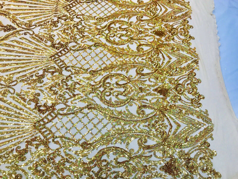 Gold iridescent damask sequin design on a 4 way stretch mesh-dresses-prom-nightgown-sold by the yard-free shipping in the USA-