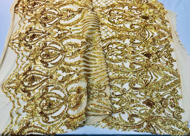 Gold iridescent damask sequin design on a 4 way stretch mesh-dresses-prom-nightgown-sold by the yard-free shipping in the USA-