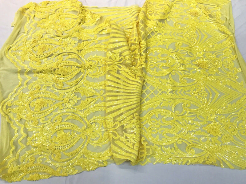 Bright yellow damask sequin design on a 4 way stretch mesh-dresses-prom-nightgown-sold by the yard-free shipping in the USA-