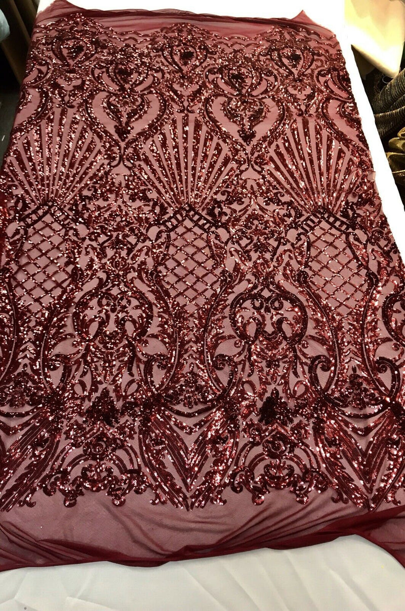 Burgundy  damask sequin design on a 4 way stretch mesh-dresses-prom-nightgown-sold by the yard-free shipping in the USA-