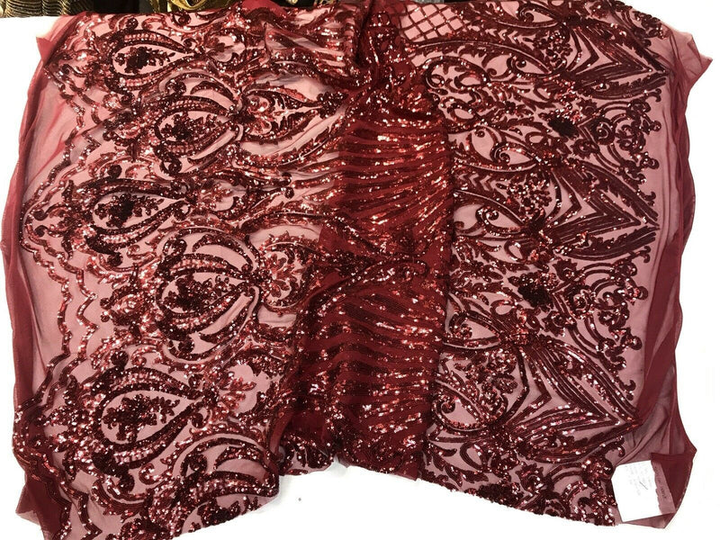 Burgundy  damask sequin design on a 4 way stretch mesh-dresses-prom-nightgown-sold by the yard-free shipping in the USA-