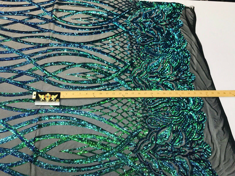 Green iridescent phoenix flames sequin design on a 4 way stretch black mesh-prom-nightgown-sold by the yard-free shipping in the USA-