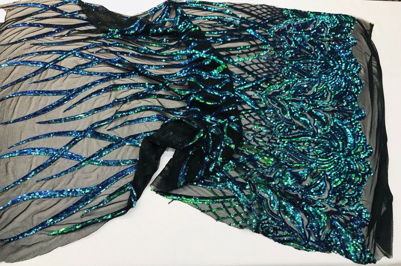 Green iridescent phoenix flames sequin design on a 4 way stretch black mesh-prom-nightgown-sold by the yard-free shipping in the USA-