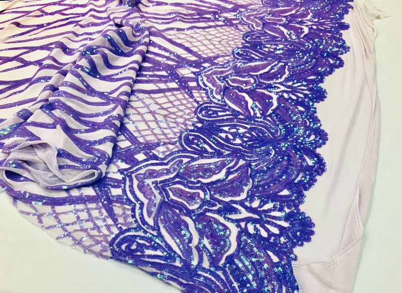 Lavender iridescent phoenix flames sequin design on a 4 way stretch mesh-prom-sold by the yard-