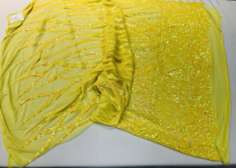 Yellow iridescent phoenix flames sequin design on a 4 way stretch mesh-prom-nightgown-sold by the yard-free shipping in the USA-