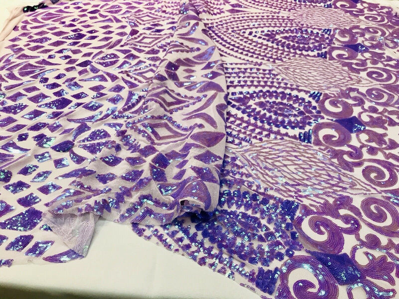 Lavender iridescent sequin diamond design on a 4 way stretch mesh-prom-nightgown-by the yard-free shipping in the USA.