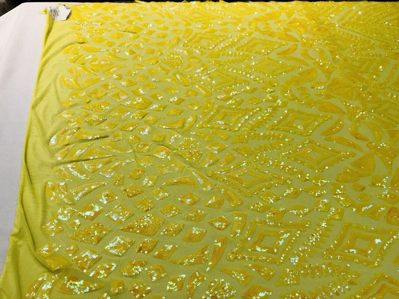 Yellow iridescent sequin diamond design on a 4 way stretch mesh-prom-nightgown-by the yard-free shipping in the USA.