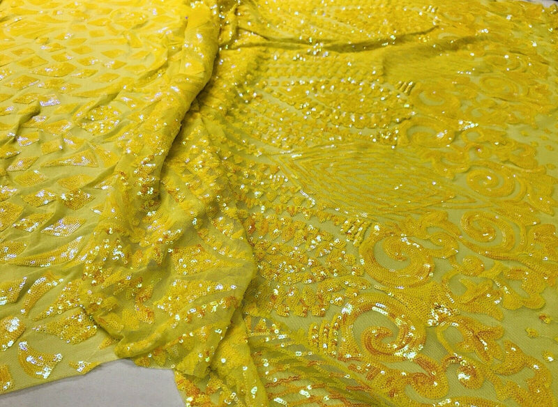 Yellow iridescent sequin diamond design on a 4 way stretch mesh-prom-nightgown-by the yard-free shipping in the USA.