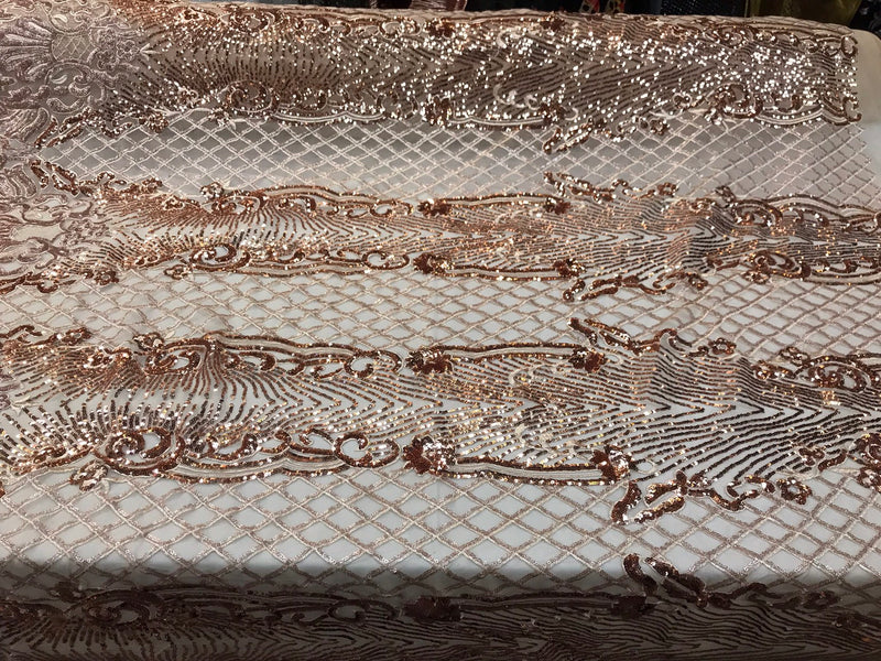 Rose gold glitter sequin damask design on a 4 way stretch nude mesh lace-prom-nightgown-sold by the yard.free shipping in the USA.