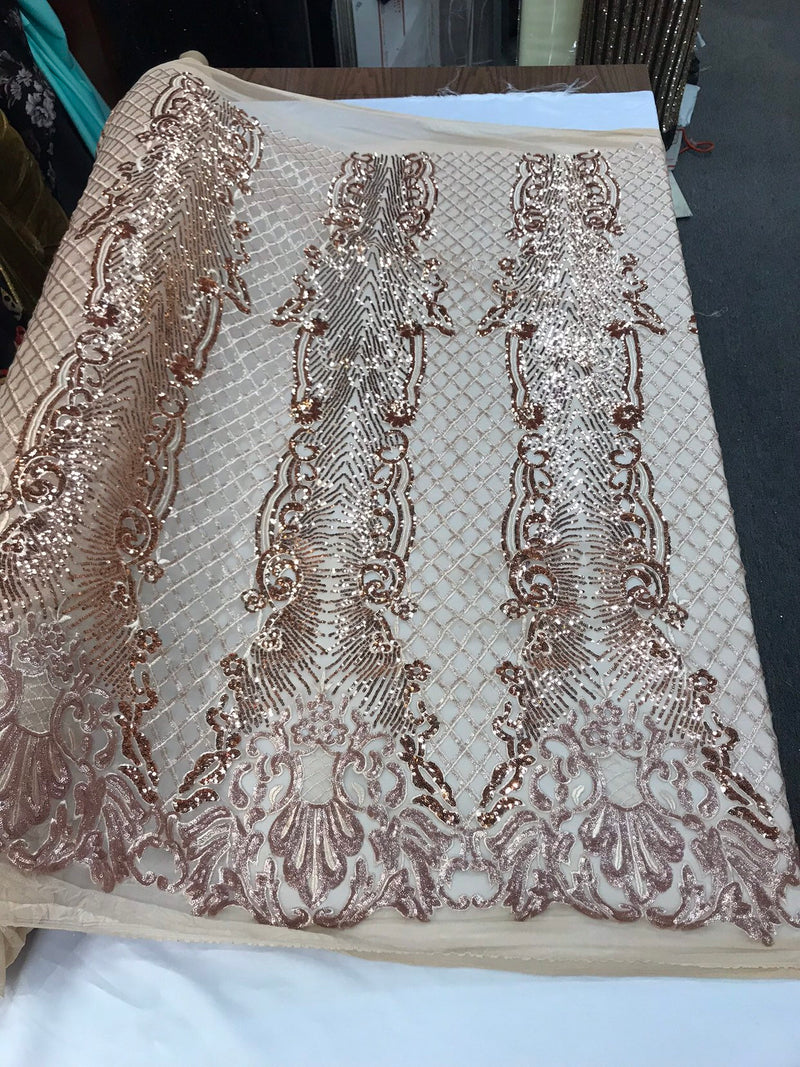 Rose gold glitter sequin damask design on a 4 way stretch nude mesh lace-prom-nightgown-sold by the yard.free shipping in the USA.