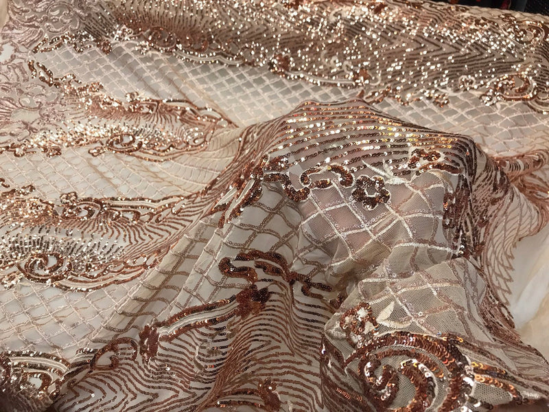 Rose gold glitter sequin damask design on a 4 way stretch nude mesh lace-prom-nightgown-sold by the yard.free shipping in the USA.