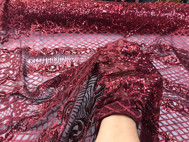 Burgundy glitter sequins damask design on a 4 way stretch black mesh lace-prom-nightgown-sold by the yard-free shipping in the USA.