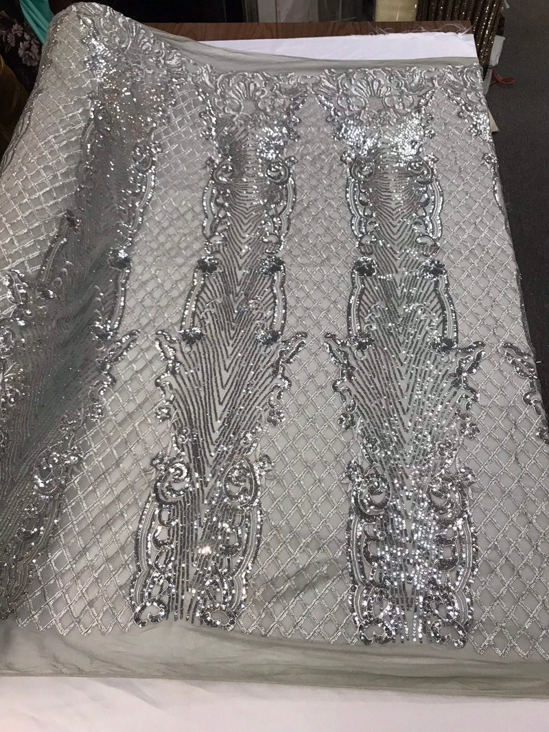 Silver glitter sequin damask design on a 4 way stretch silver mesh lace-prom-nightgown-sold by the yard-free shipping in the USA.