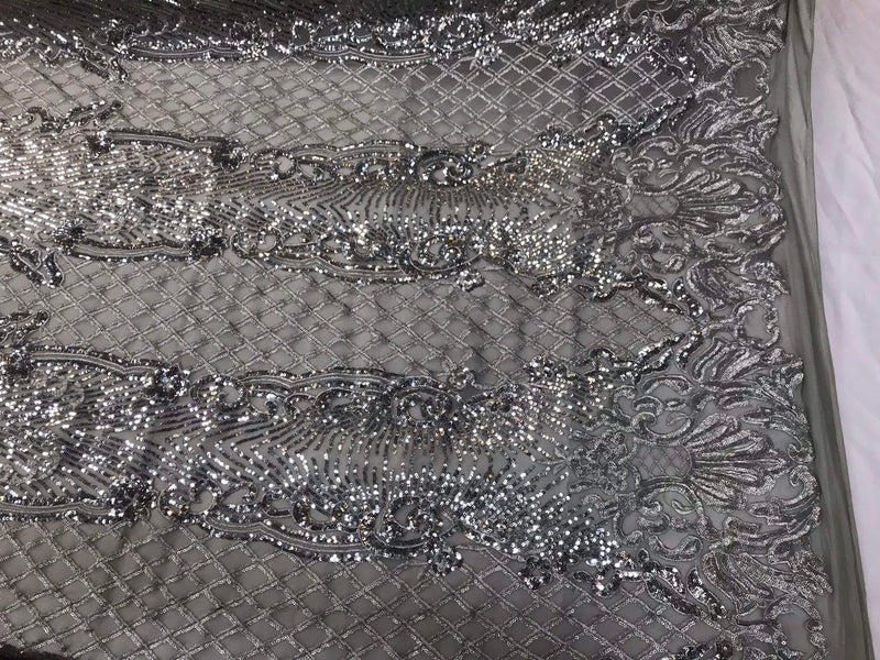 Silver glitter sequin damask design on a 4 way stretch silver mesh lace-prom-nightgown-sold by the yard-free shipping in the USA.