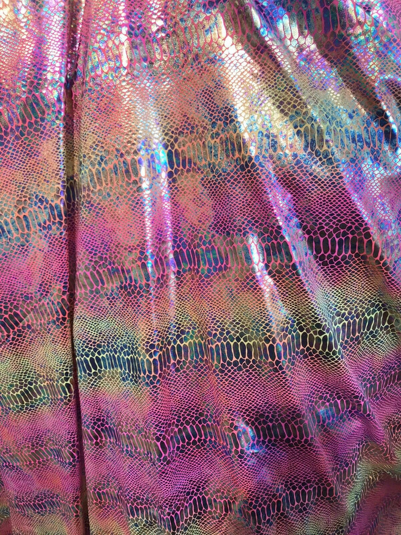 Iridescent tie dyed  snake print on a nylon 2 way stretch lycra-prom-nightgown-sold by the yard-free shipping in the usa.