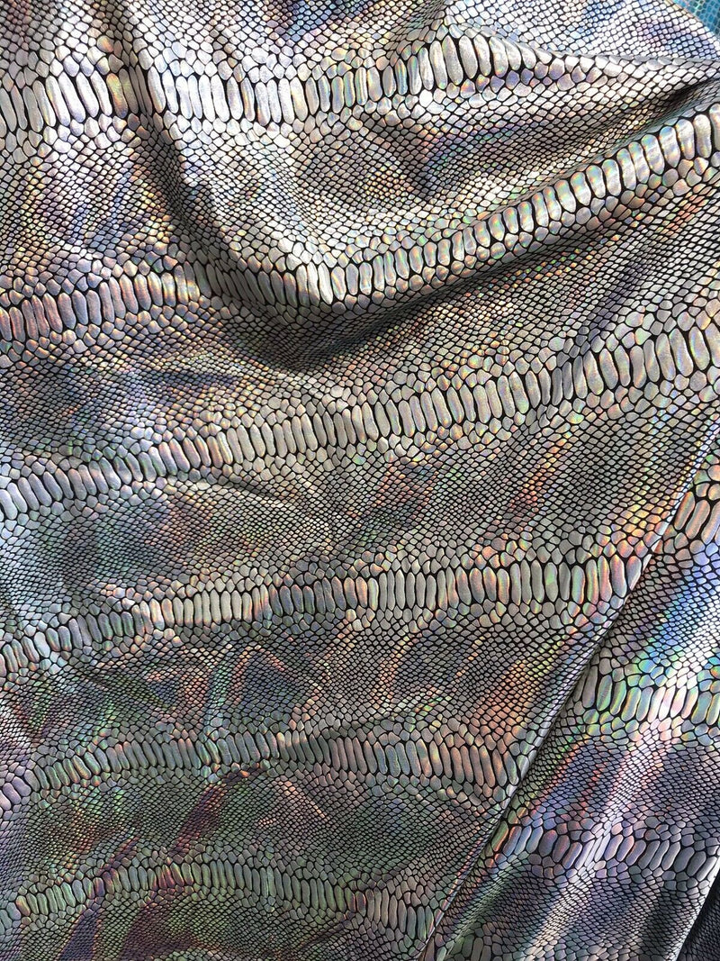 Iridescent snake skin print on a nylon 2 way stretch spandex lycra-cast play-fashion-sold by the yard-free shipping in the usa.