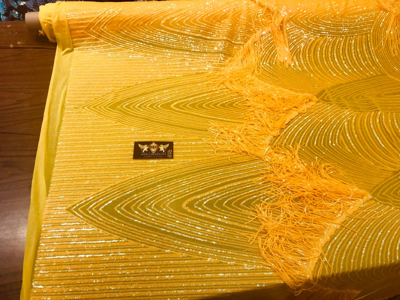 NEW!!!Dark yellow iridescent fringe sequins design on a 4 way stretch mesh fabric-sold by the yard.