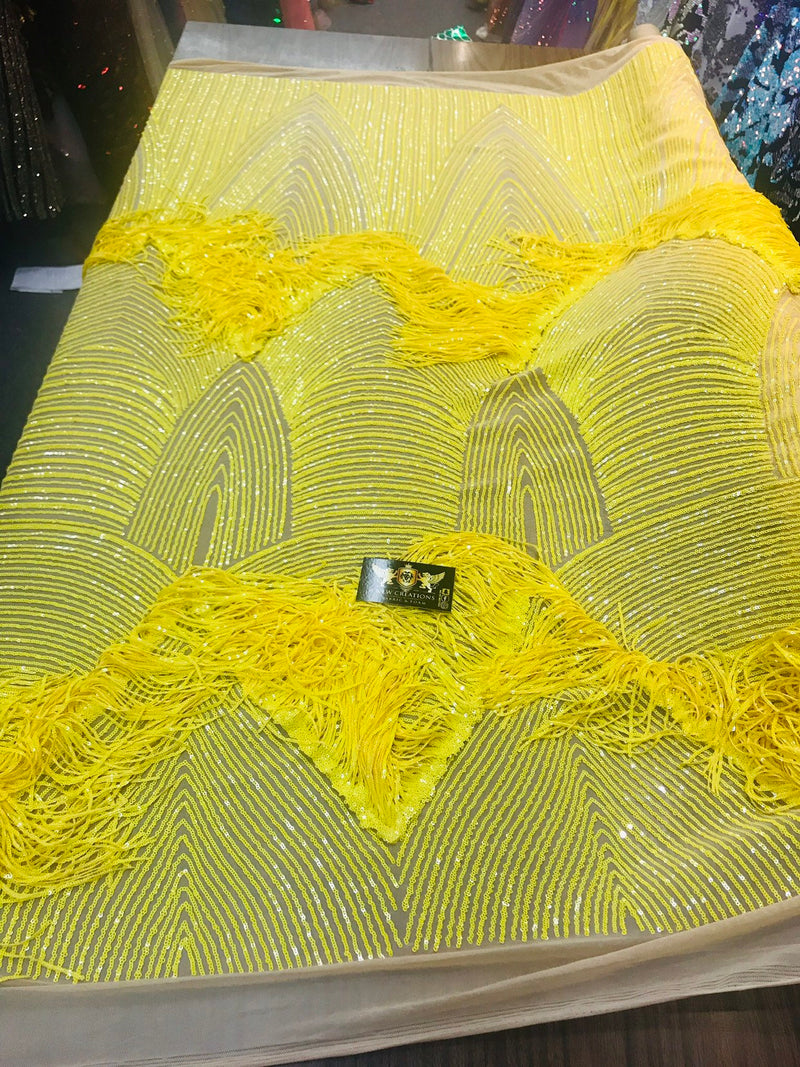 NEW!! Bright yellow fringe sequins design on a 4 way stretch nude mesh fabric-prom-nightgown-sold by the yard-free shipping in the USA-