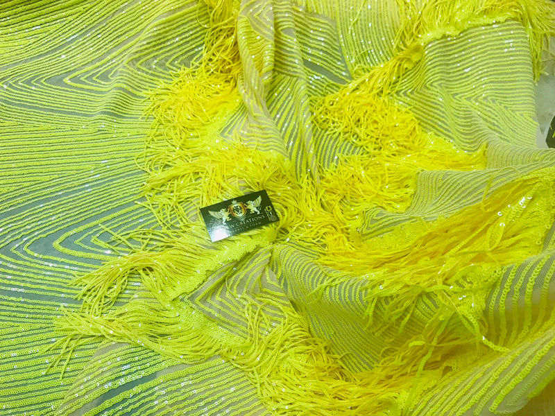 NEW!! Bright yellow fringe sequins design on a 4 way stretch nude mesh fabric-prom-nightgown-sold by the yard-free shipping in the USA-