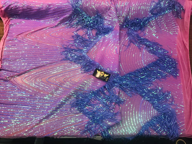 NEW!! Lavender iridescent fringe sequins design on a 4 way stretch pink mesh fabric-prom-nightgown-sold by the yard-free shipping in the USA