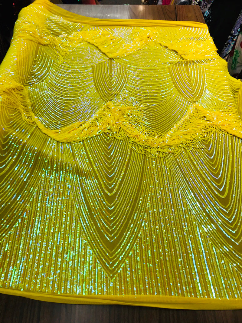 NEW!! Neon yellow iridescent fringe sequins design on a 4 way stretch mesh fabric-prom-nightgown-sold by the yard-free shipping in the USA-