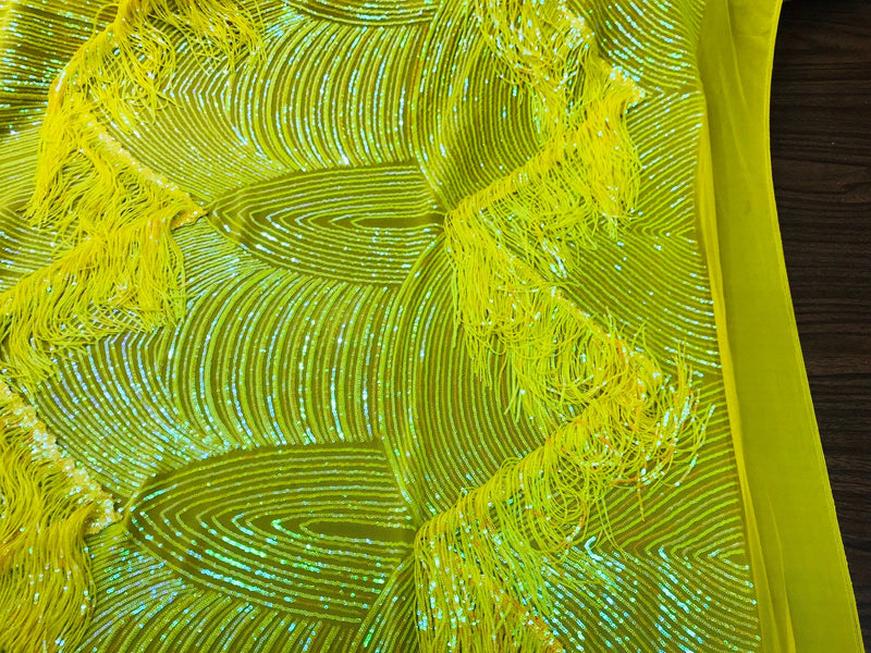 NEW!! Neon yellow iridescent fringe sequins design on a 4 way stretch mesh fabric-prom-nightgown-sold by the yard-free shipping in the USA-