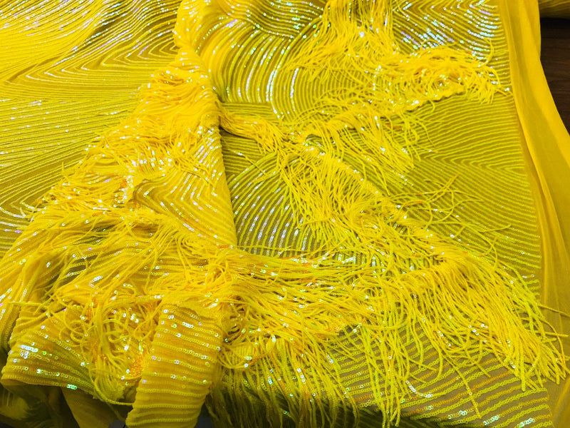 NEW!! Neon yellow iridescent fringe sequins design on a 4 way stretch mesh fabric-prom-nightgown-sold by the yard-free shipping in the USA-