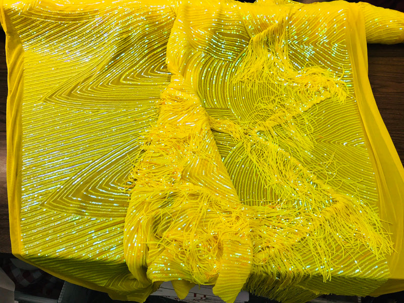 NEW!! Neon yellow iridescent fringe sequins design on a 4 way stretch mesh fabric-prom-nightgown-sold by the yard-free shipping in the USA-