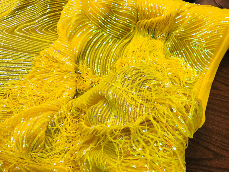 NEW!! Neon yellow iridescent fringe sequins design on a 4 way stretch mesh fabric-prom-nightgown-sold by the yard-free shipping in the USA-