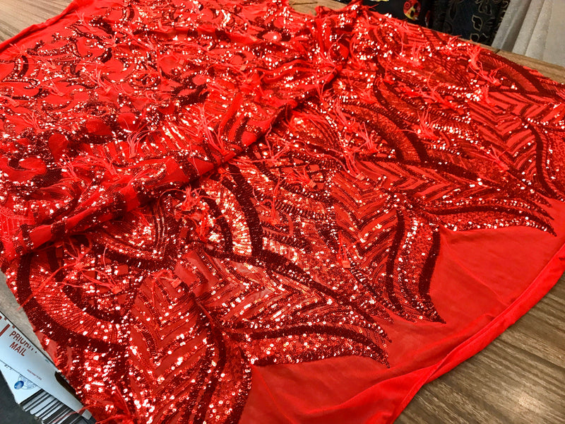 Red sequins Design With Feathers On A 4 Way Stretch Mesh Fabric-Prom-Nightgown-Sold By The Yard-Free Shipping In The USA-