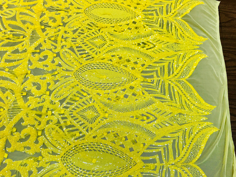 Bright Yellow Sequins Design With Feathers On A 4 Way Stretch Mesh Fabric-Prom-Nightgown-Sold By The Yard-Free Shipping In The USA-