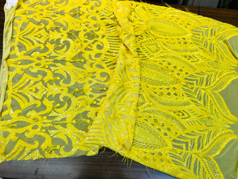 Bright Yellow Sequins Design With Feathers On A 4 Way Stretch Mesh Fabric-Prom-Nightgown-Sold By The Yard-Free Shipping In The USA-