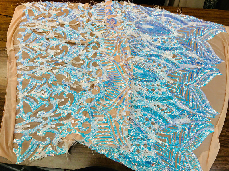 Aqua Clear Sequins Design With Feathers On A 4 Way Stretch Nude Mesh Fabric-Sold By The Yard.