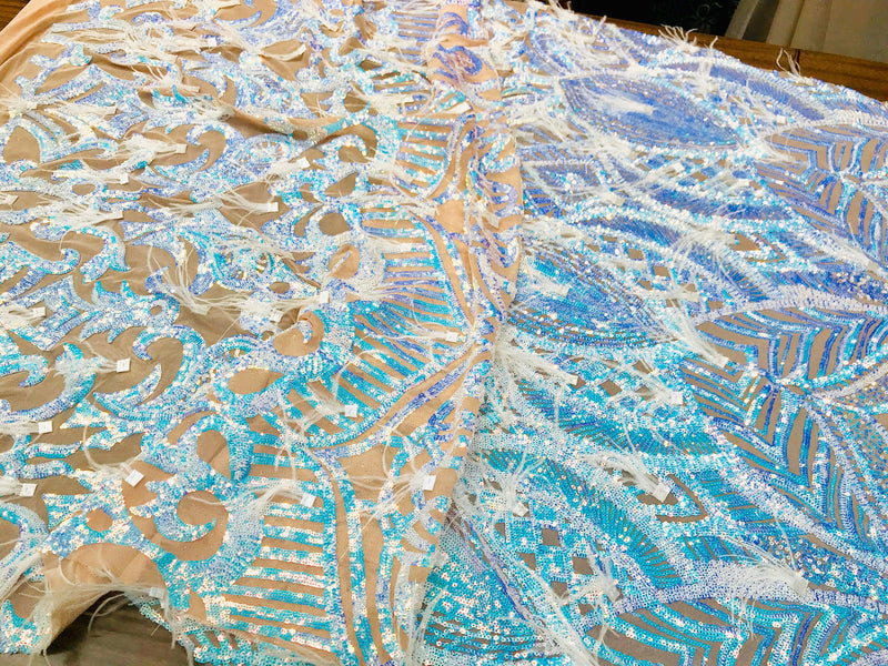 Aqua Clear Sequins Design With Feathers On A 4 Way Stretch Nude Mesh Fabric-Sold By The Yard.