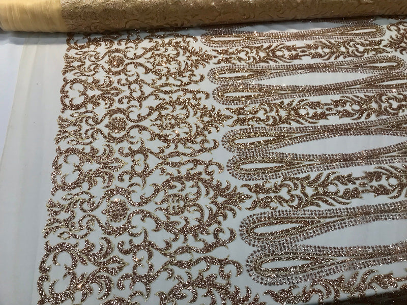 Champagne shiny glitter damask design on a mesh lace-dresses-apparel-fashion-decorations-prom-nightgown-sold by the yard.