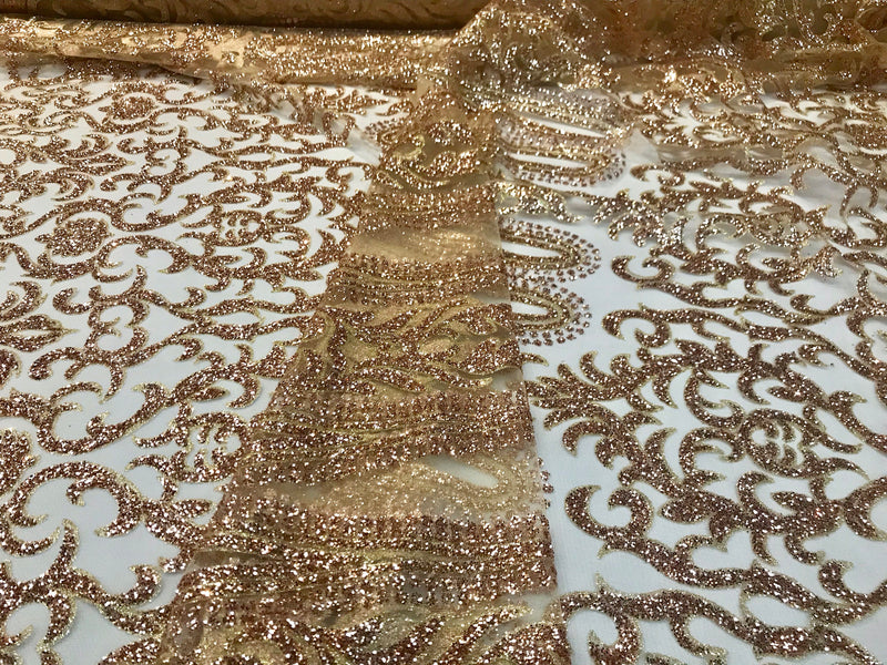 Champagne shiny glitter damask design on a mesh lace-dresses-apparel-fashion-decorations-prom-nightgown-sold by the yard.