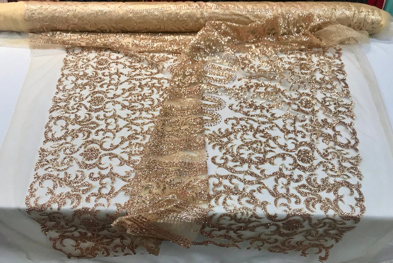 Champagne shiny glitter damask design on a mesh lace-dresses-apparel-fashion-decorations-prom-nightgown-sold by the yard.