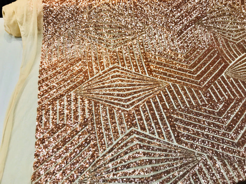 Rose gold shiny sequin geometric diamond design on a 2 way stretch mesh fabric-prom-nightgown-sold by the yard-free shipping in the USA-