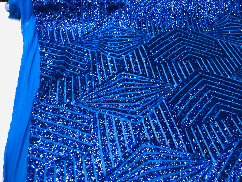 Royal blue shiny sequin geometric diamond design on a 2 way stretch mesh fabric-prom-nightgown-sold by the yard-free shipping in the USA-