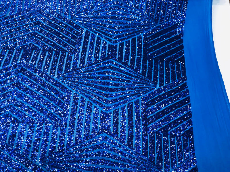 Royal blue shiny sequin geometric diamond design on a 2 way stretch mesh fabric-prom-nightgown-sold by the yard-free shipping in the USA-