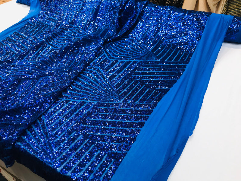 Royal blue shiny sequin geometric diamond design on a 2 way stretch mesh fabric-prom-nightgown-sold by the yard-free shipping in the USA-