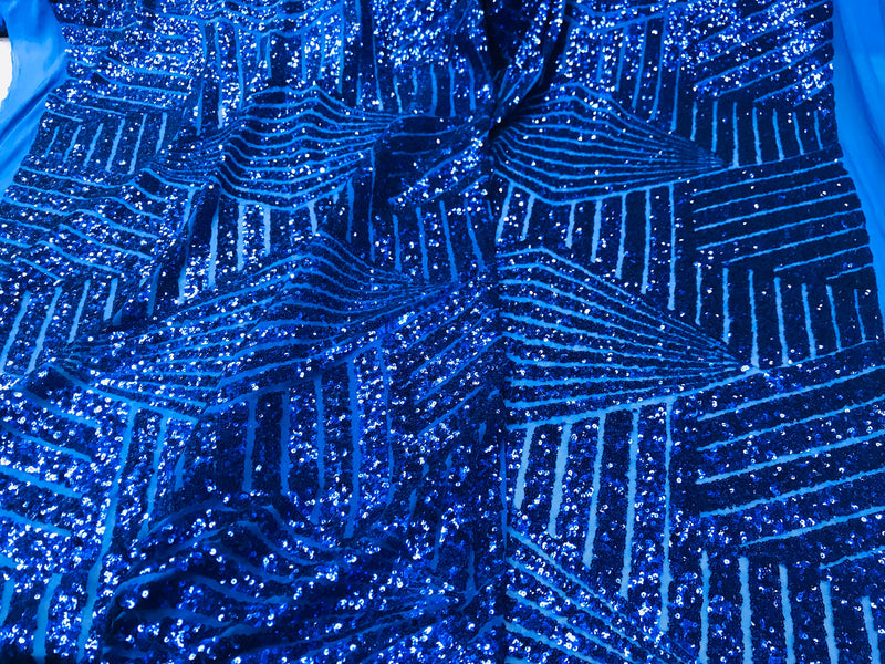 Royal blue shiny sequin geometric diamond design on a 2 way stretch mesh fabric-prom-nightgown-sold by the yard-free shipping in the USA-